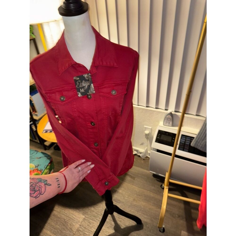 Red Button-Up Denim Jacket - Picture 6 of 13